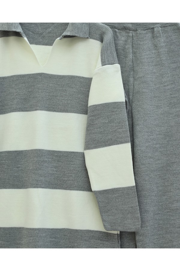 V-Neck Knitwear Suit with Trousers -Grey