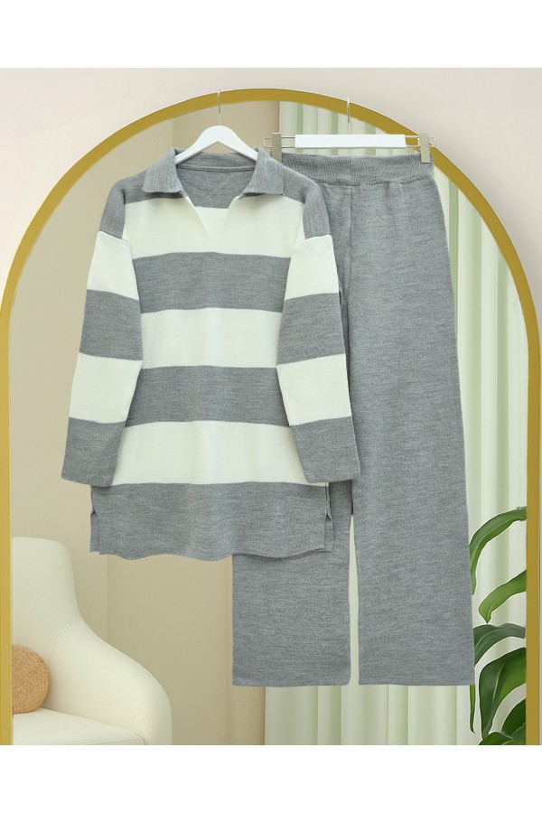V-Neck Knitwear Suit with Trousers -Grey