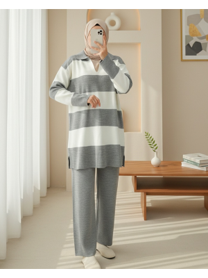 V Yaka Pantolonlu Triko Takım -Gri