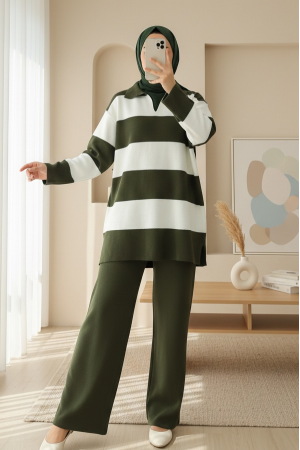V Yaka Pantolonlu Triko Takım -Haki