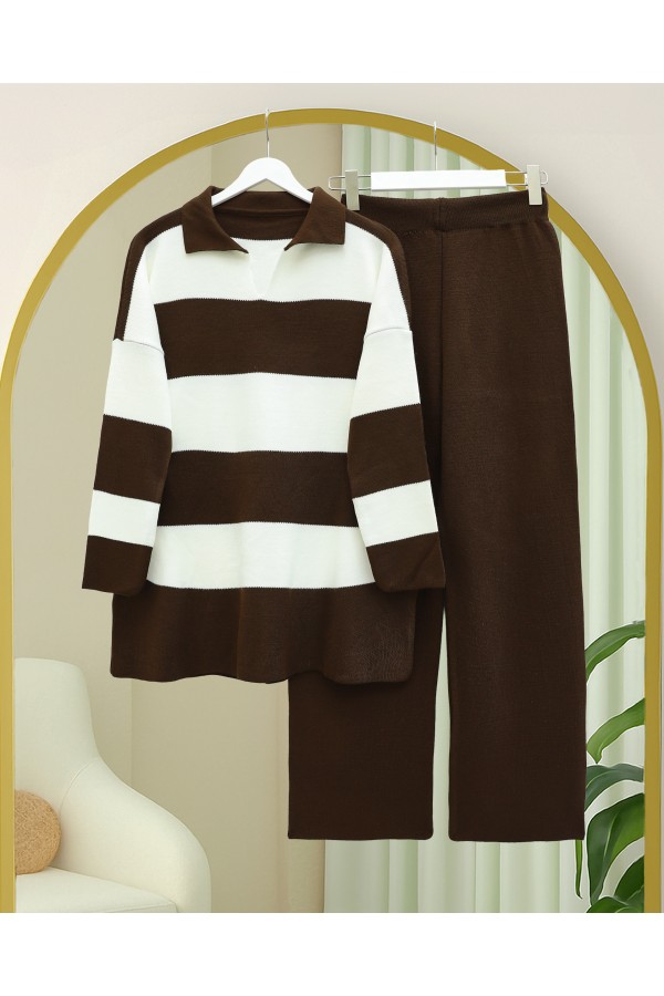 V-Neck Knitwear Suit with Trousers -Dark Coffee