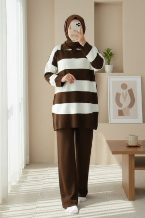 V Yaka Pantolonlu Triko Takım -K. Kahve