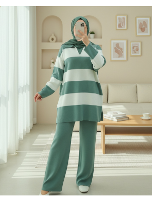 V Yaka Pantolonlu Triko Takım -Mint