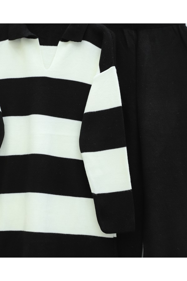V-Neck Knitwear Suit with Trousers -Black