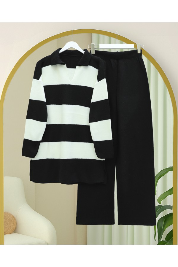 V-Neck Knitwear Suit with Trousers -Black