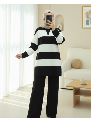 V Yaka Pantolonlu Triko Takım -Siyah