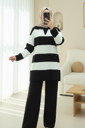 V Yaka Pantolonlu Triko Takım -Siyah