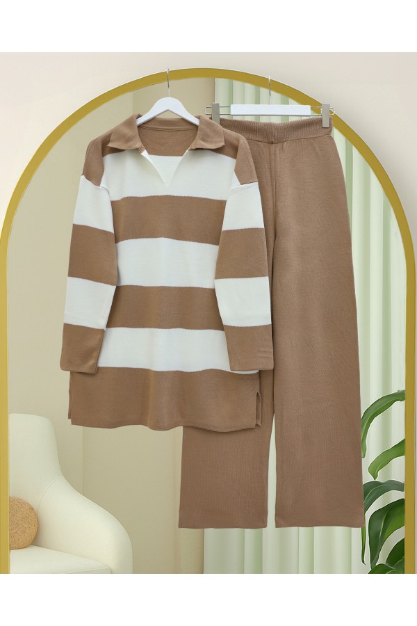 V-Neck Knitwear Suit with Trousers -Snuff