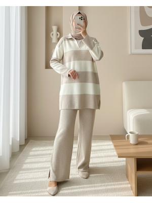 V Yaka Pantolonlu Triko Takım -Taş