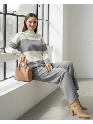 Yarım Boğazlı Triko Takım  -Gri