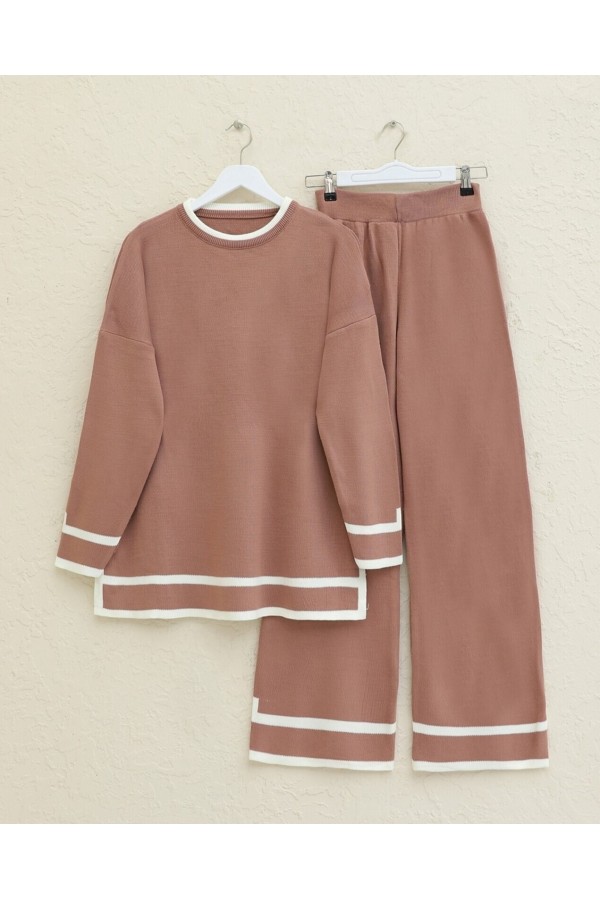 Double Knitwear Set with Striped Cuffs -Dried rose