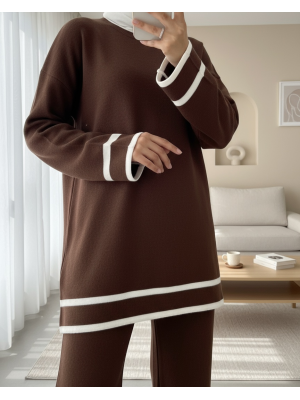 Manşetleri Şeritli İkili Triko Takım -Kahve