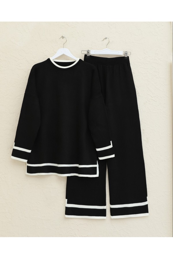 Double Knitwear Set with Striped Cuffs -Black