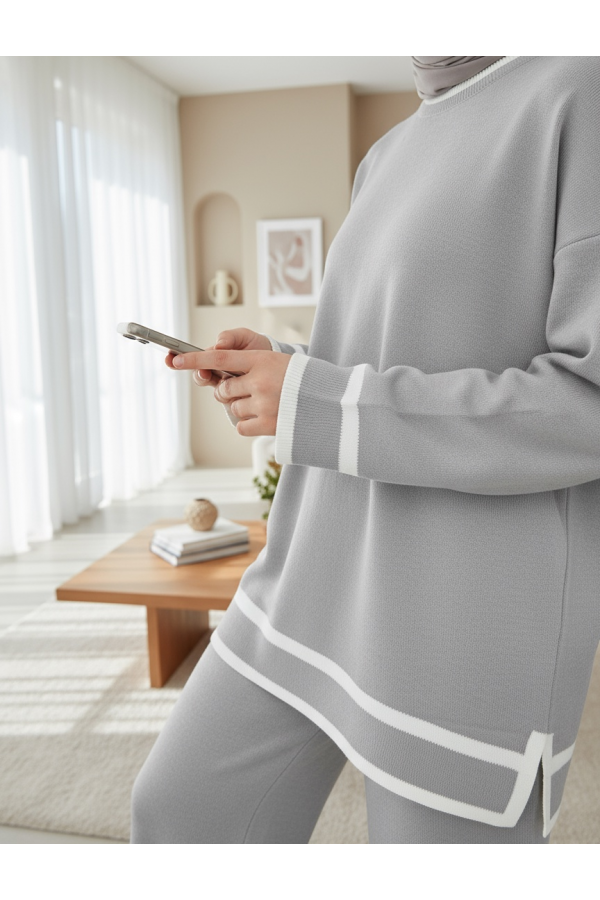 Double Knitwear Set with Striped Cuffs  -Grey