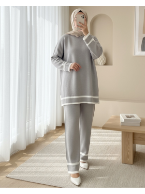 Manşetleri Şeritli İkili Triko Takım  -Gri