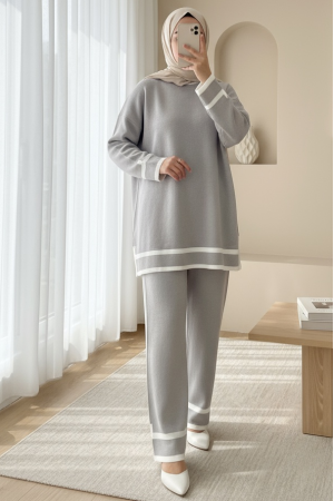 Manşetleri Şeritli İkili Triko Takım  -Gri