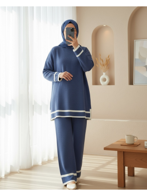 Manşetleri Şeritli İkili Triko Takım  -İndigo