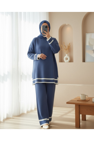 Manşetleri Şeritli İkili Triko Takım  -İndigo