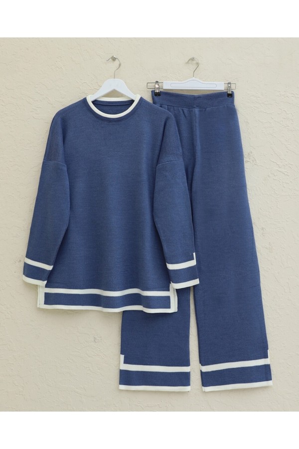 Double Knitwear Set with Striped Cuffs  -İndigo
