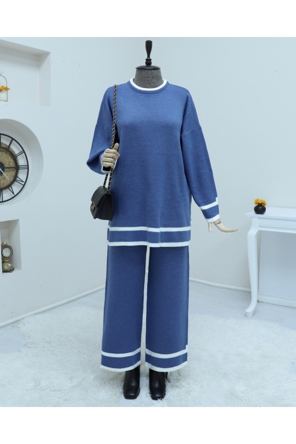 Double Knitwear Set with Striped Cuffs  -İndigo