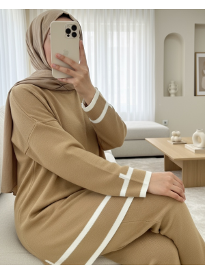 Manşetleri Şeritli İkili Triko Takım  -Taba