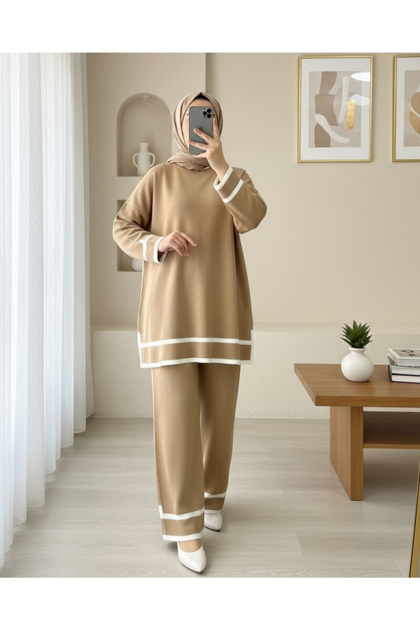 Double Knitwear Set with Striped Cuffs  -Snuff