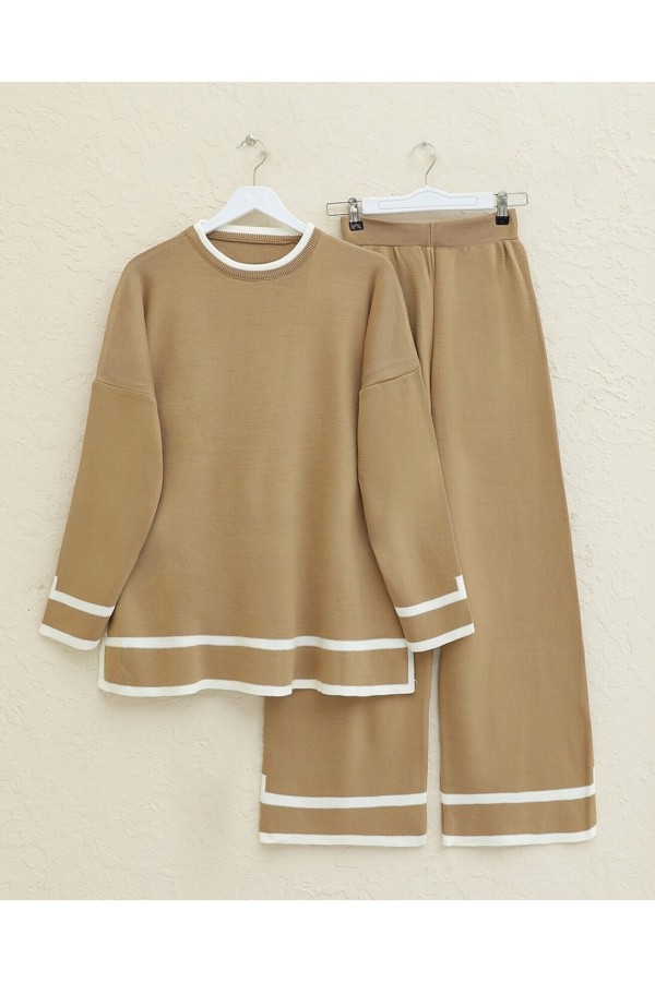 Double Knitwear Set with Striped Cuffs  -Snuff