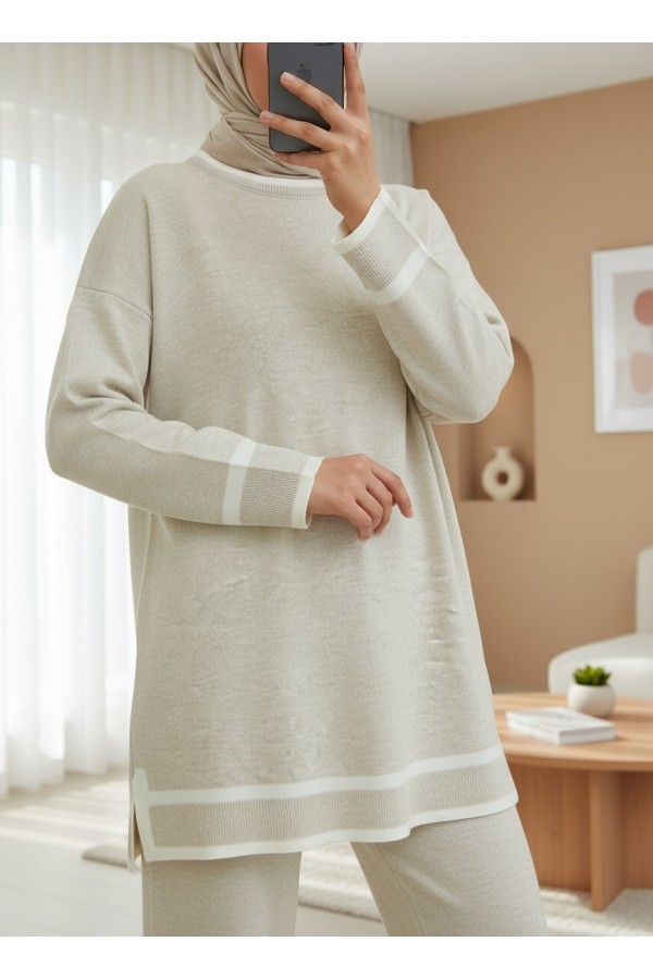 Double Knitwear Set with Striped Cuffs  -Stone
