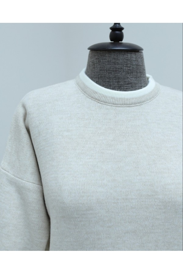 Double Knitwear Set with Striped Cuffs  -Stone
