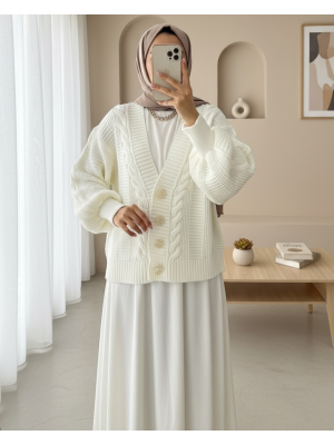 Örgü Desen Düğmeli Araboy Hırka -Ekru