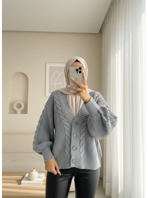 Örgü Desen Düğmeli Araboy Hırka -Gri