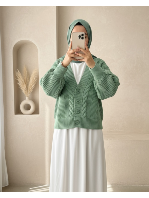 Örgü Desen Düğmeli Araboy Hırka -Yeşil