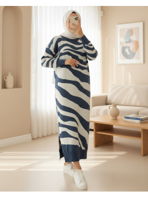 Yırtmaçlı Desenli Triko Elbise -İndigo