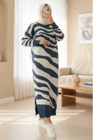 Yırtmaçlı Desenli Triko Elbise -İndigo