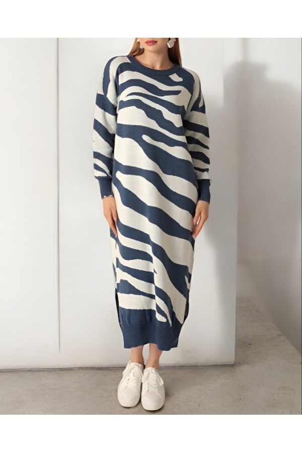 Slit Patterned Knit Dress -İndigo