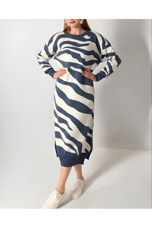 Slit Patterned Knit Dress -İndigo