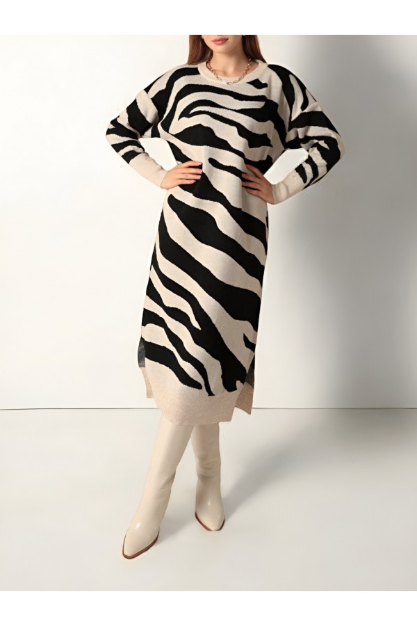 Slit Patterned Knit Dress -Stone