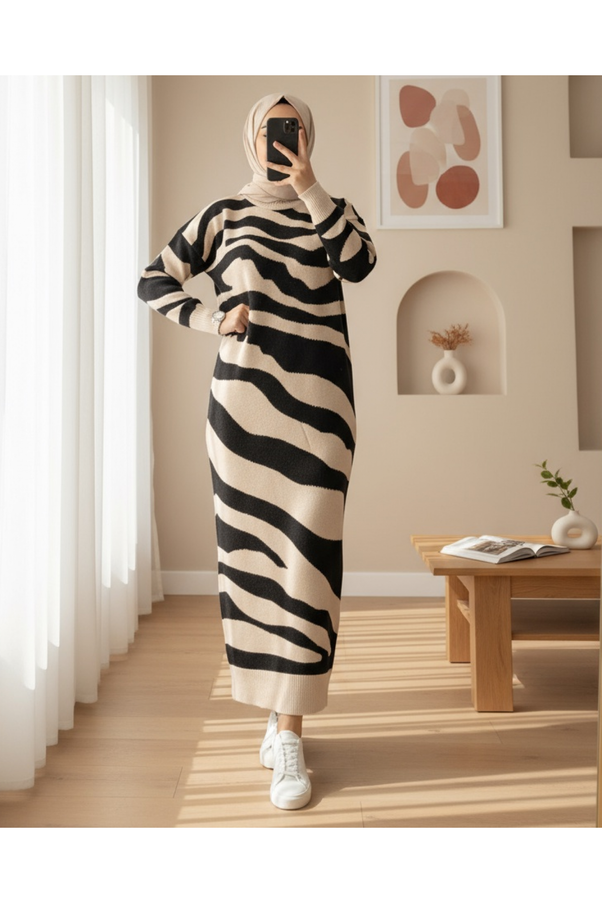Slit Patterned Knit Dress -Stone