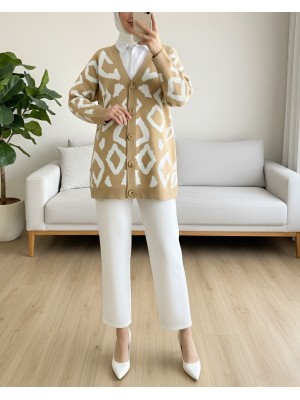 Düğmeli Desenli V Yaka Triko Hırka   -Vizon