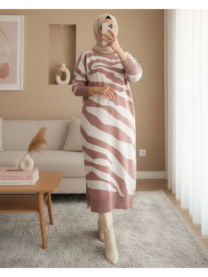 Yırtmaçlı Desenli Triko Elbise  -G.Kurusu