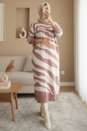 Yırtmaçlı Desenli Triko Elbise  -G.Kurusu