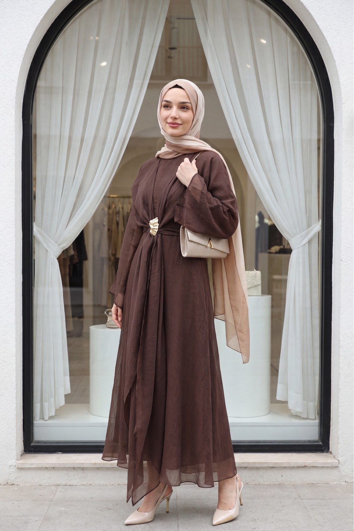 Long Tulle Modal Dress with Tie-Up Bolero and Lining -Brown