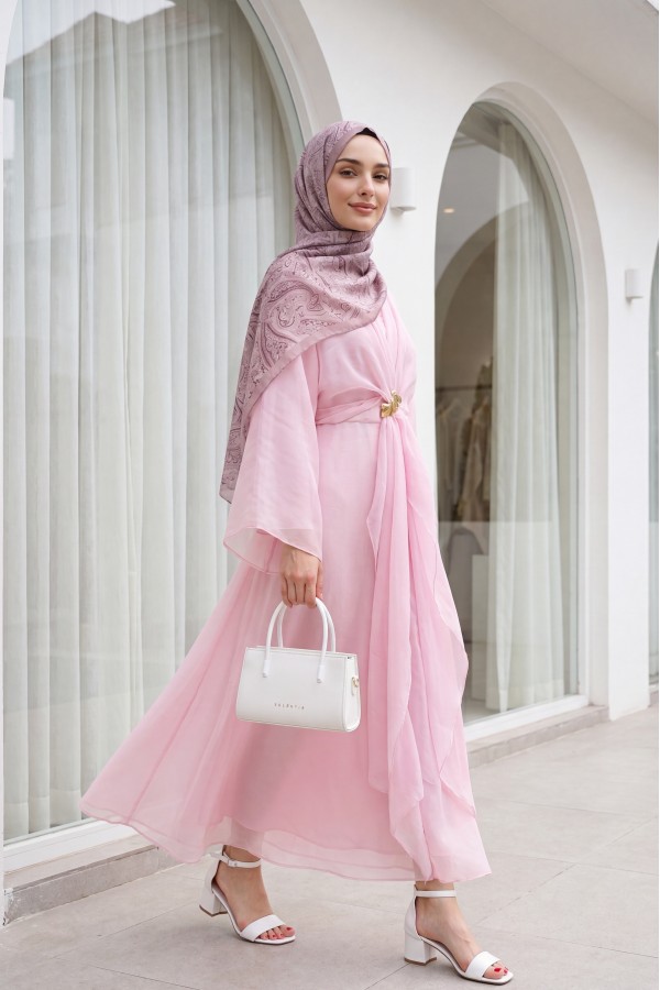 Long Tulle Modal Dress with Tie-Up Bolero and Lining -Pink