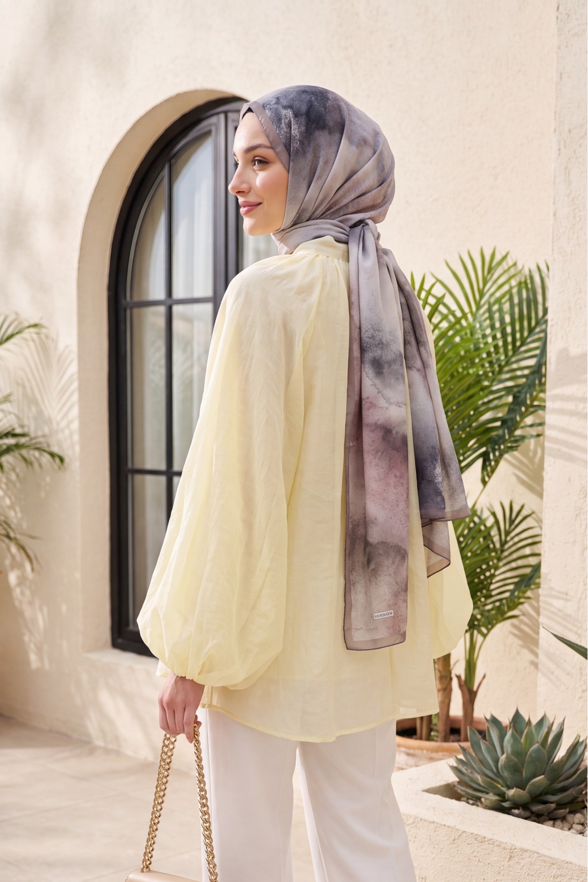 Oversize Tulle Voile Blouse with Tie Neckline and Half Button Closure, Lined -Light yellow