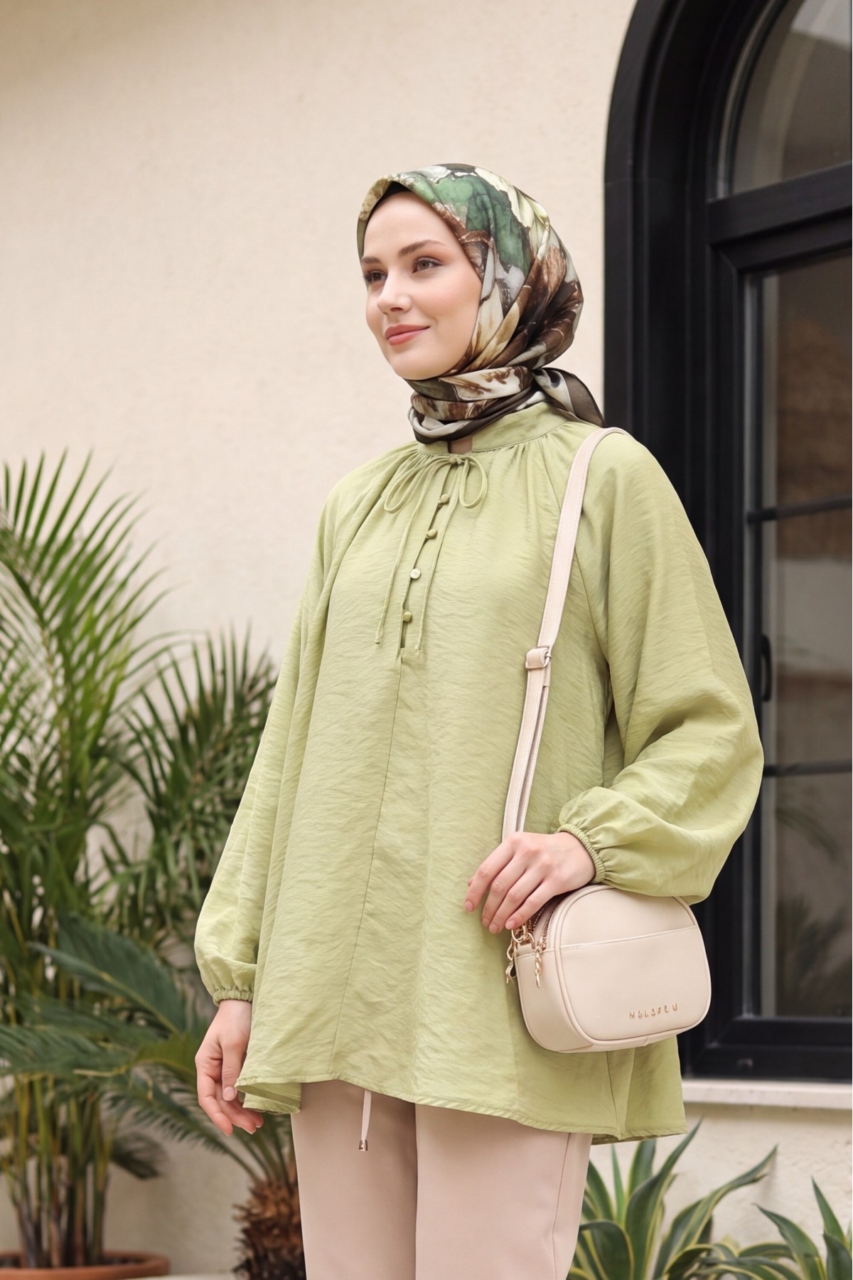 Oversize Tulle Voile Blouse with Tie Neckline and Half Button Closure, Lined -Cagla Green