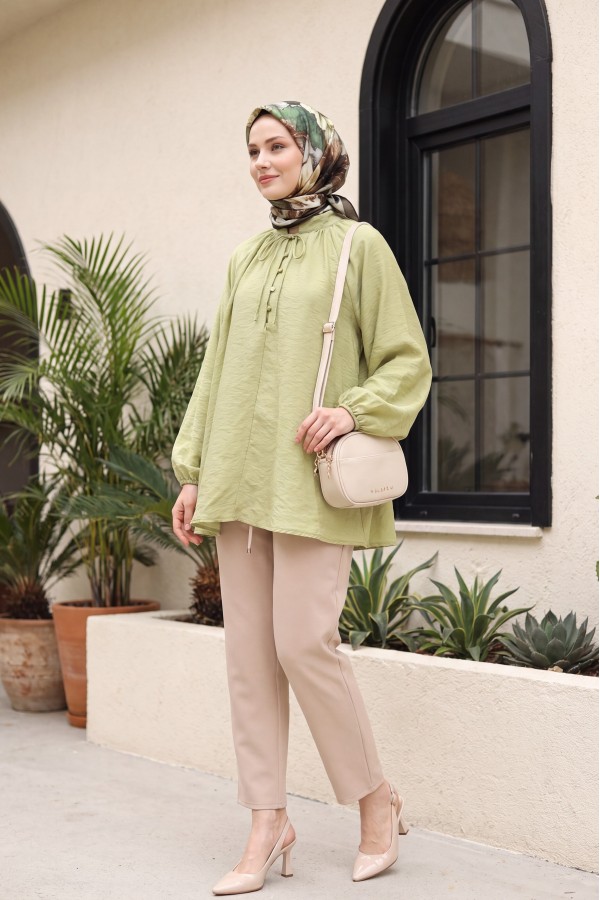 Oversize Tulle Voile Blouse with Tie Neckline and Half Button Closure, Lined -Cagla Green