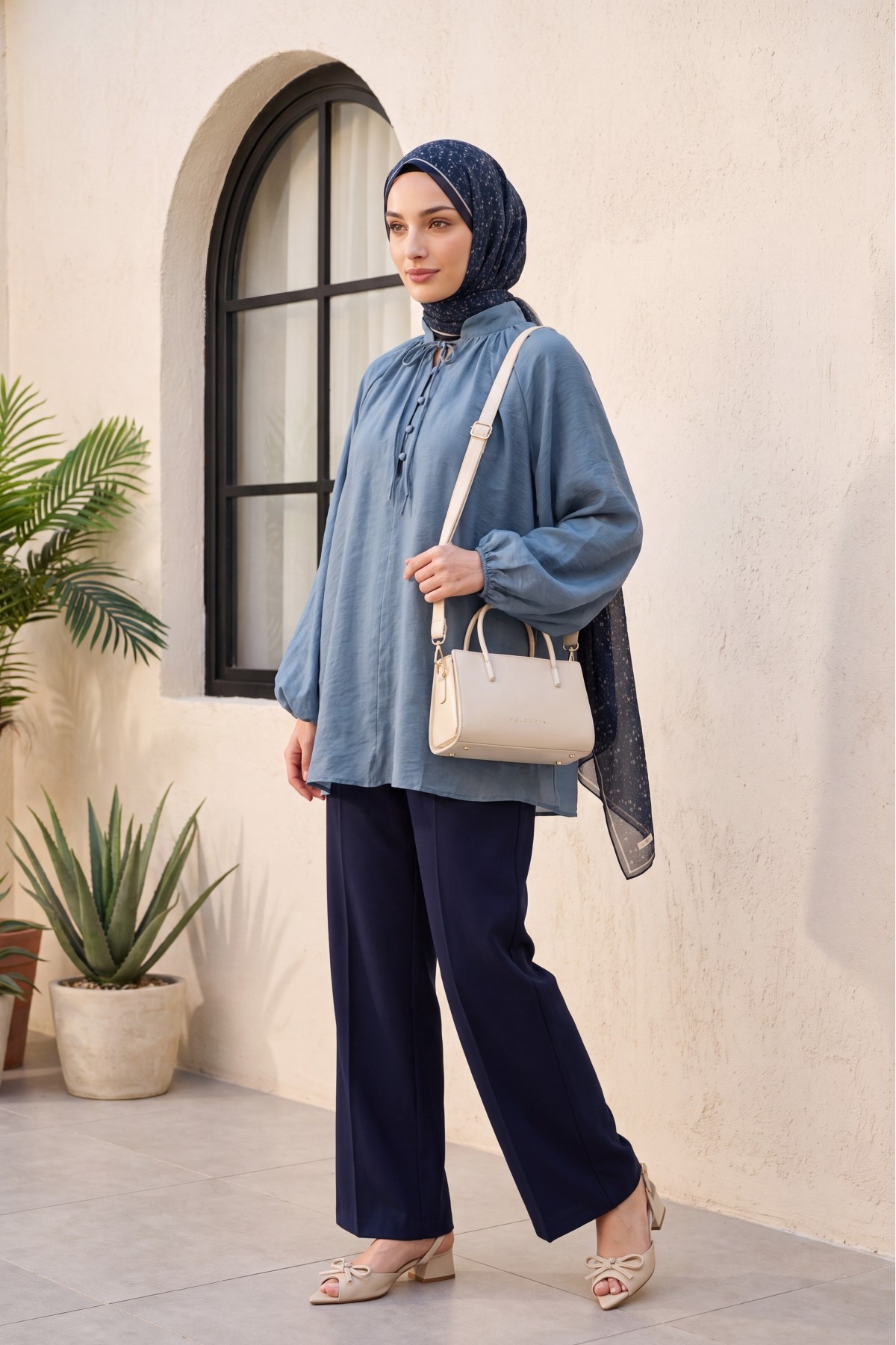 Oversize Tulle Voile Blouse with Tie Neckline and Half Button Closure, Lined -Oil color