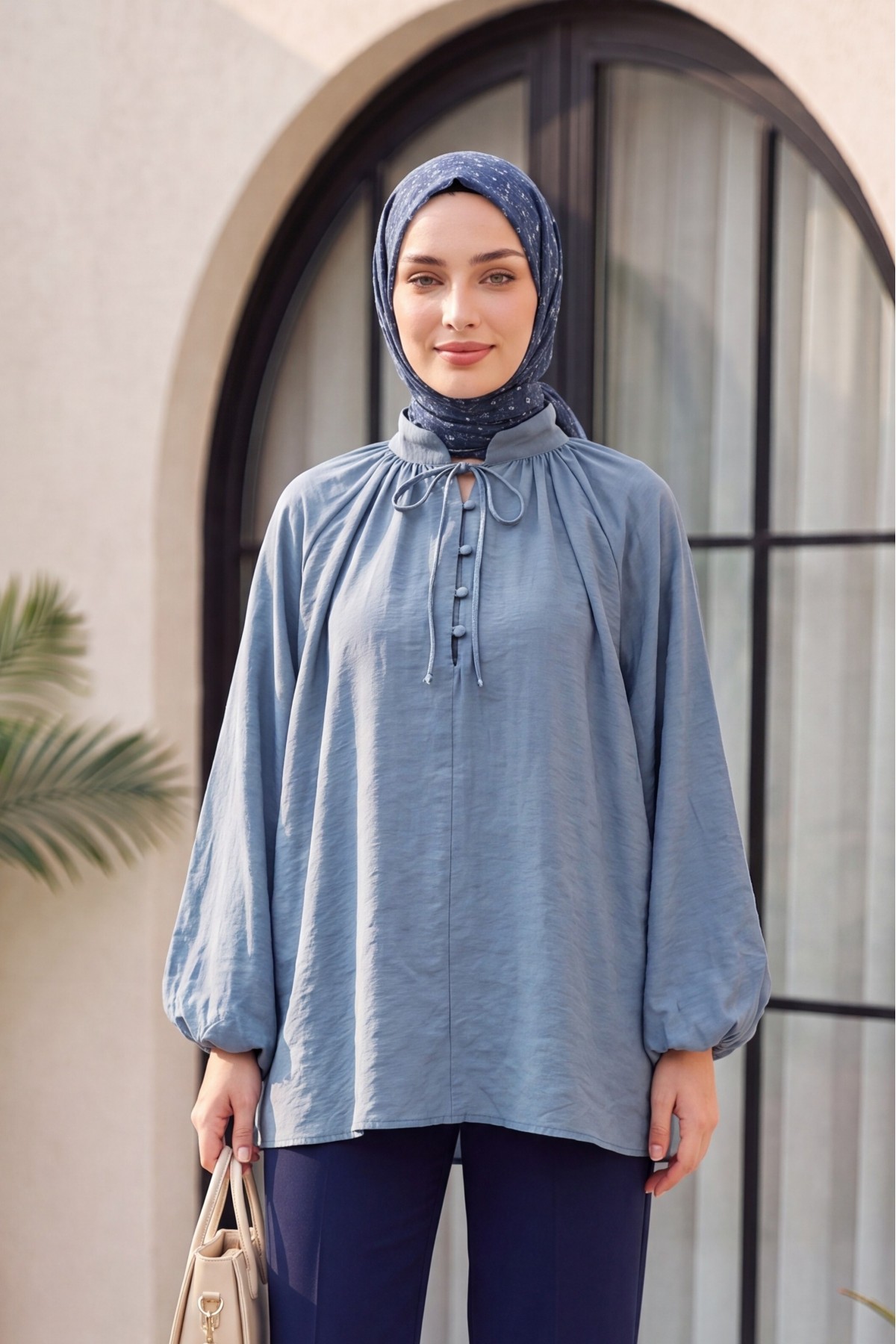 Oversize Tulle Voile Blouse with Tie Neckline and Half Button Closure, Lined -Oil color