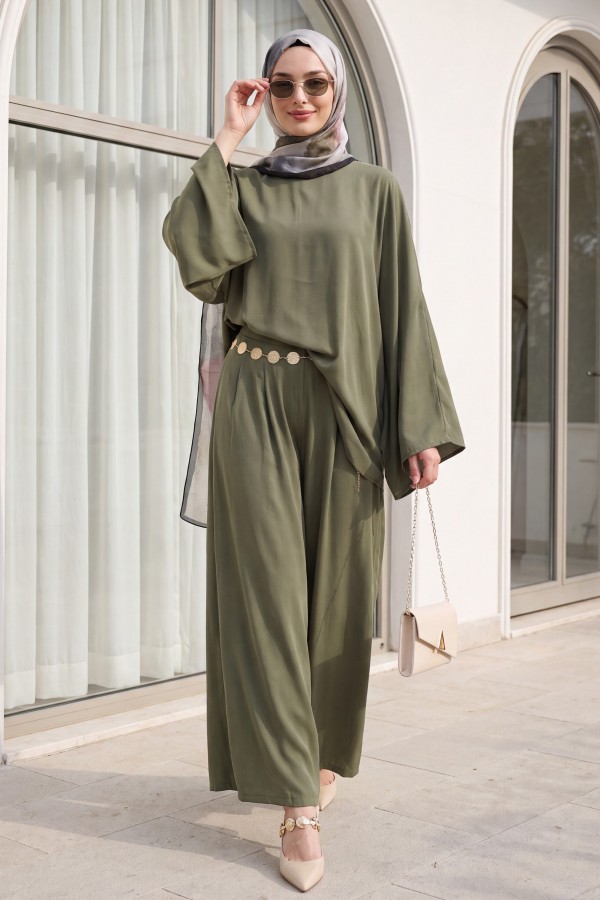Asymmetrical Cut Wide Sleeve Wide Leg Trousers with Belt Modal Suit -Khaki
