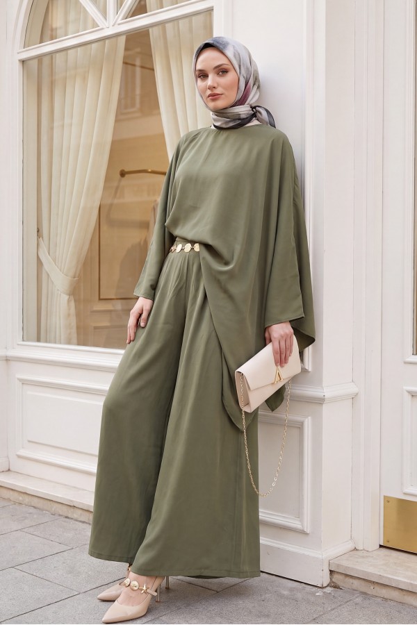 Asymmetrical Cut Wide Sleeve Wide Leg Trousers with Belt Modal Suit -Khaki
